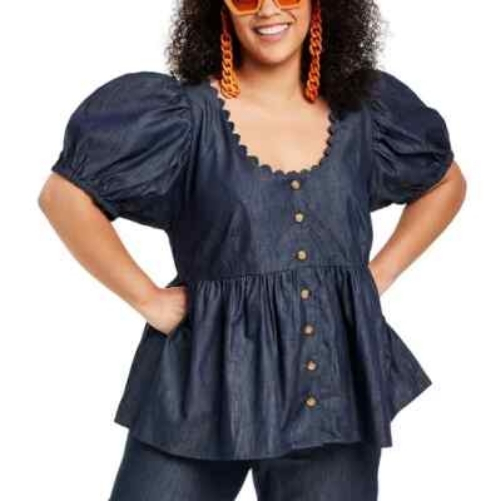 Kika Vargas x Target Women's Puff Sleeve Button Down Top Size Small Chambray